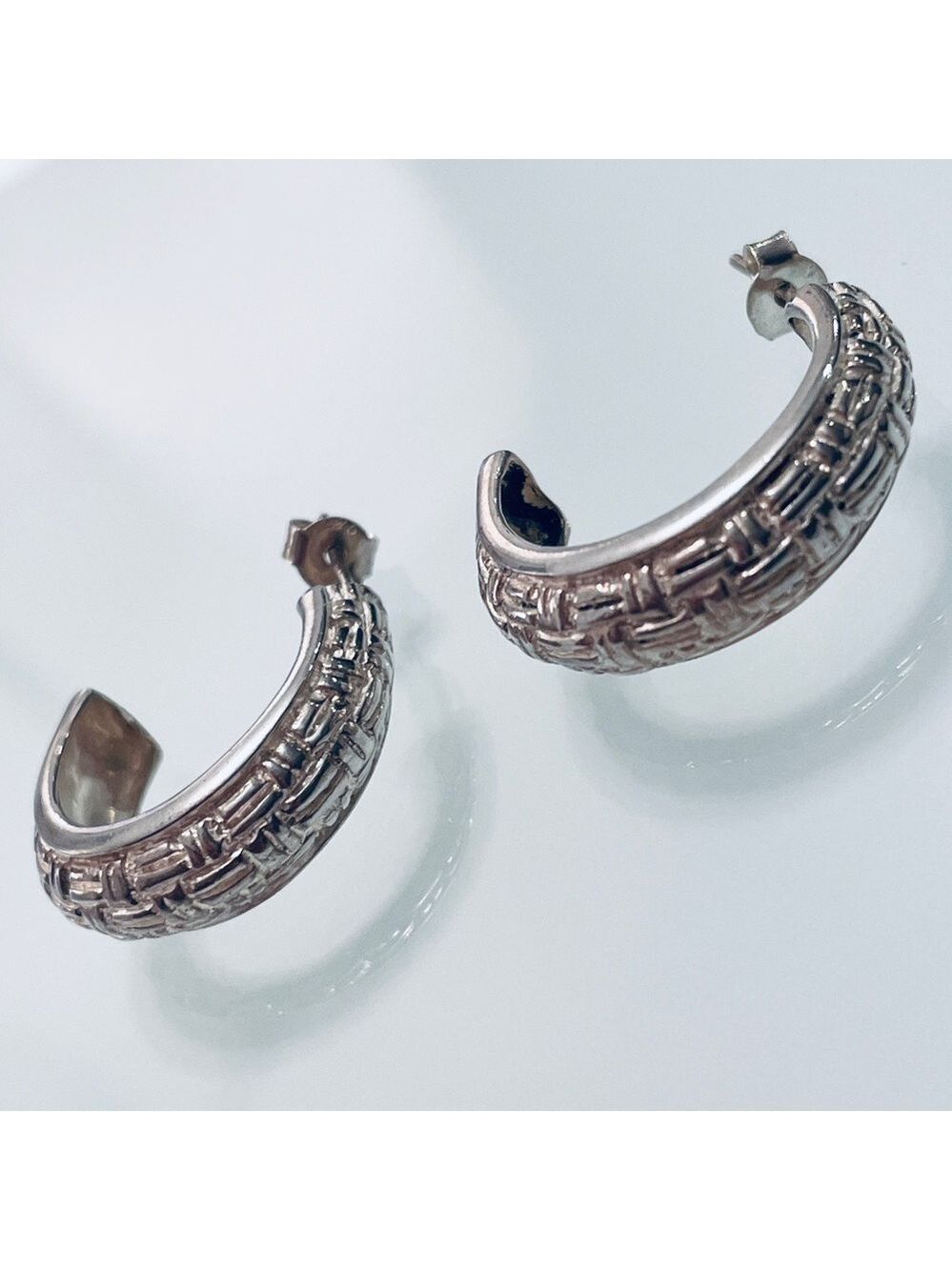 Weave Textured Design Half Hoop 1” Sterling Silver Woven Earrings - Picture 1 of 8